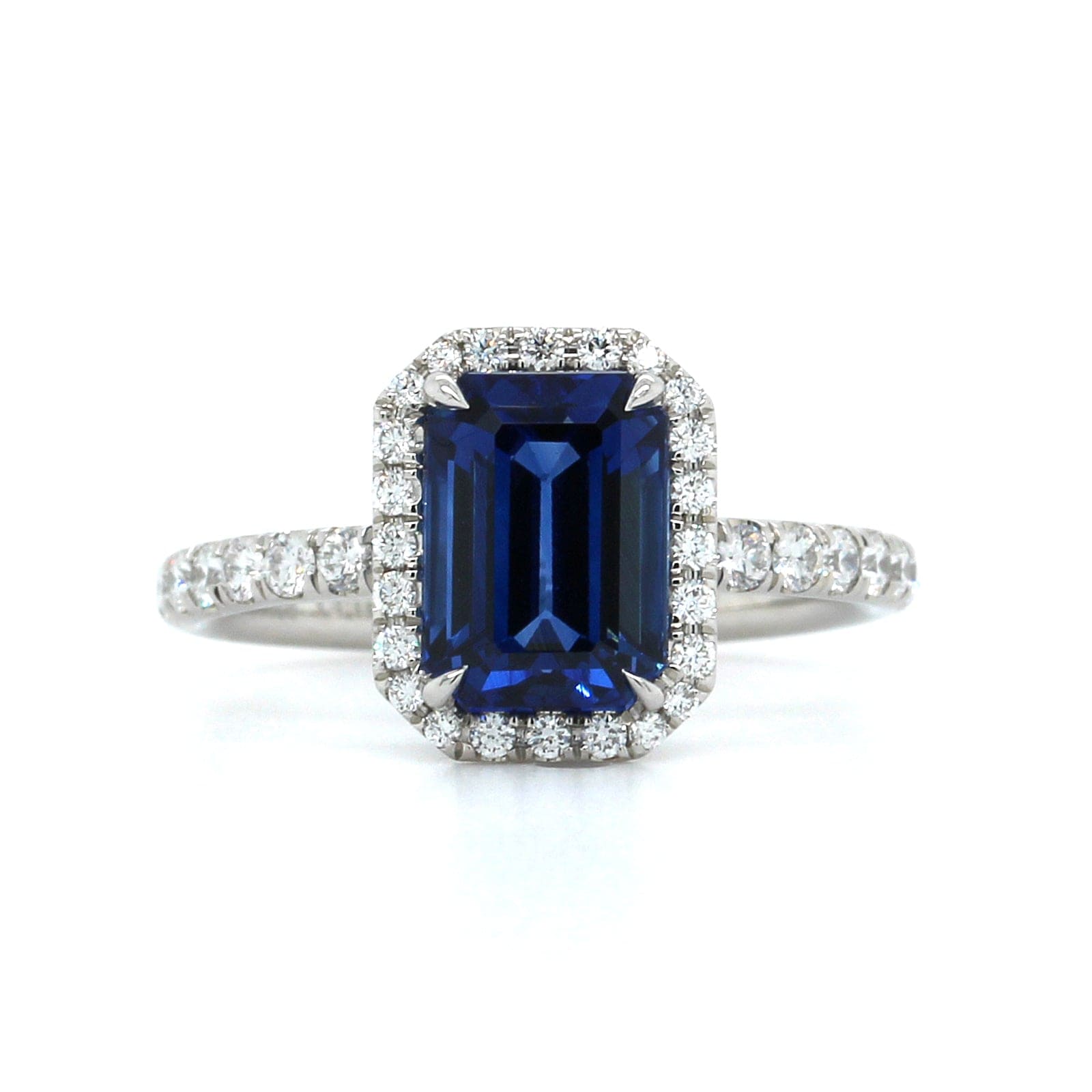 Platinum Emerald Cut Sapphire Diamond Halo Ring, Platinum, Long's Jewelers