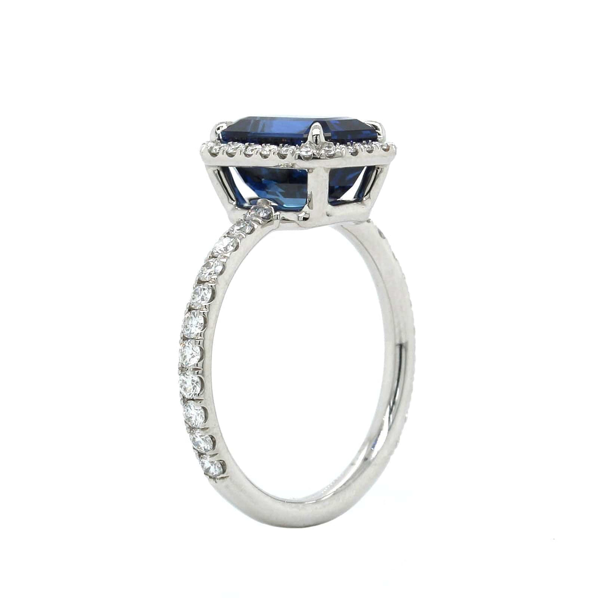 Platinum Emerald Cut Sapphire Diamond Halo Ring, Platinum, Long's Jewelers