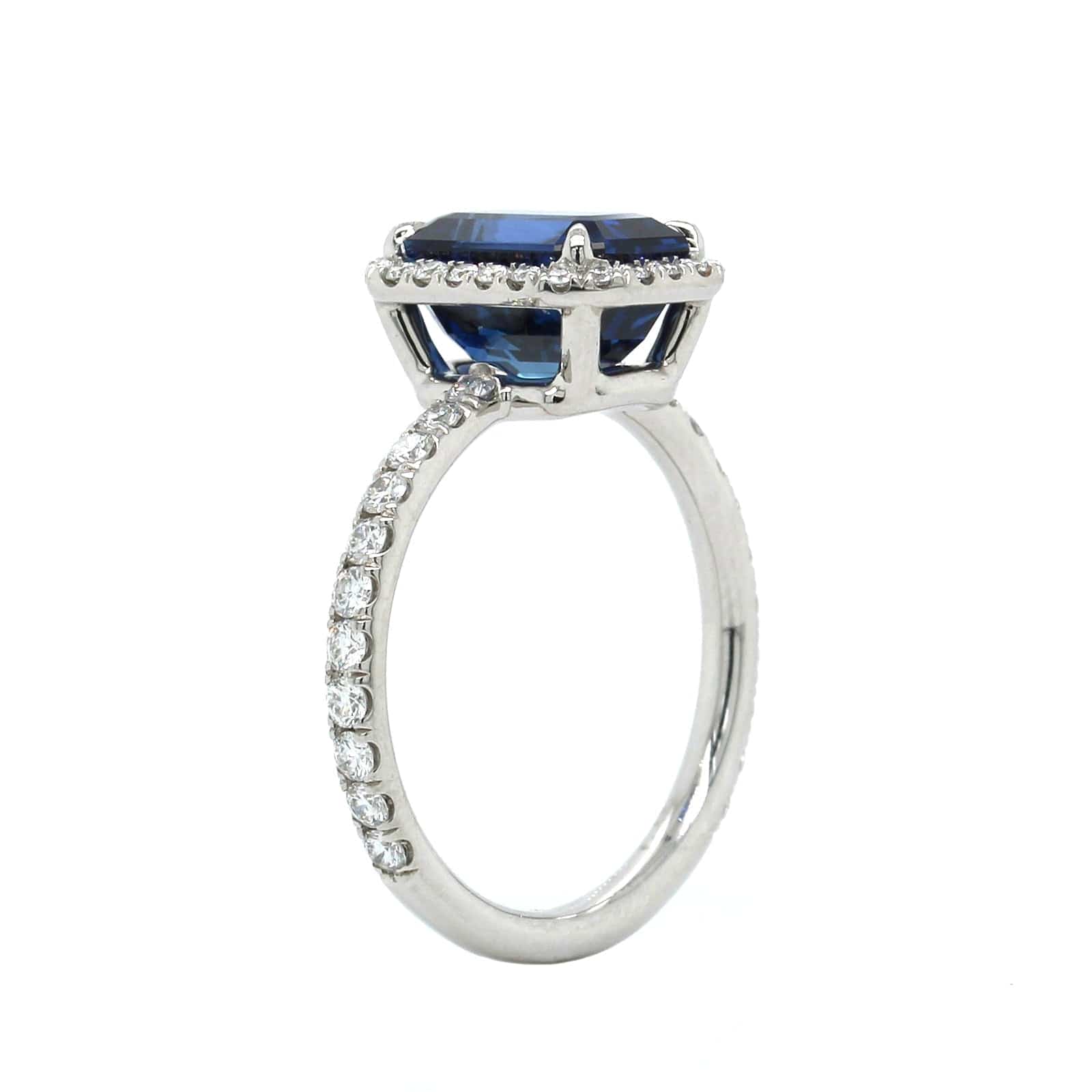 Platinum Emerald Cut Sapphire Diamond Halo Ring, Platinum, Long's Jewelers