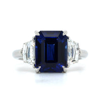 Platinum Emerald Cut Sapphire Diamond 3 Stone Ring