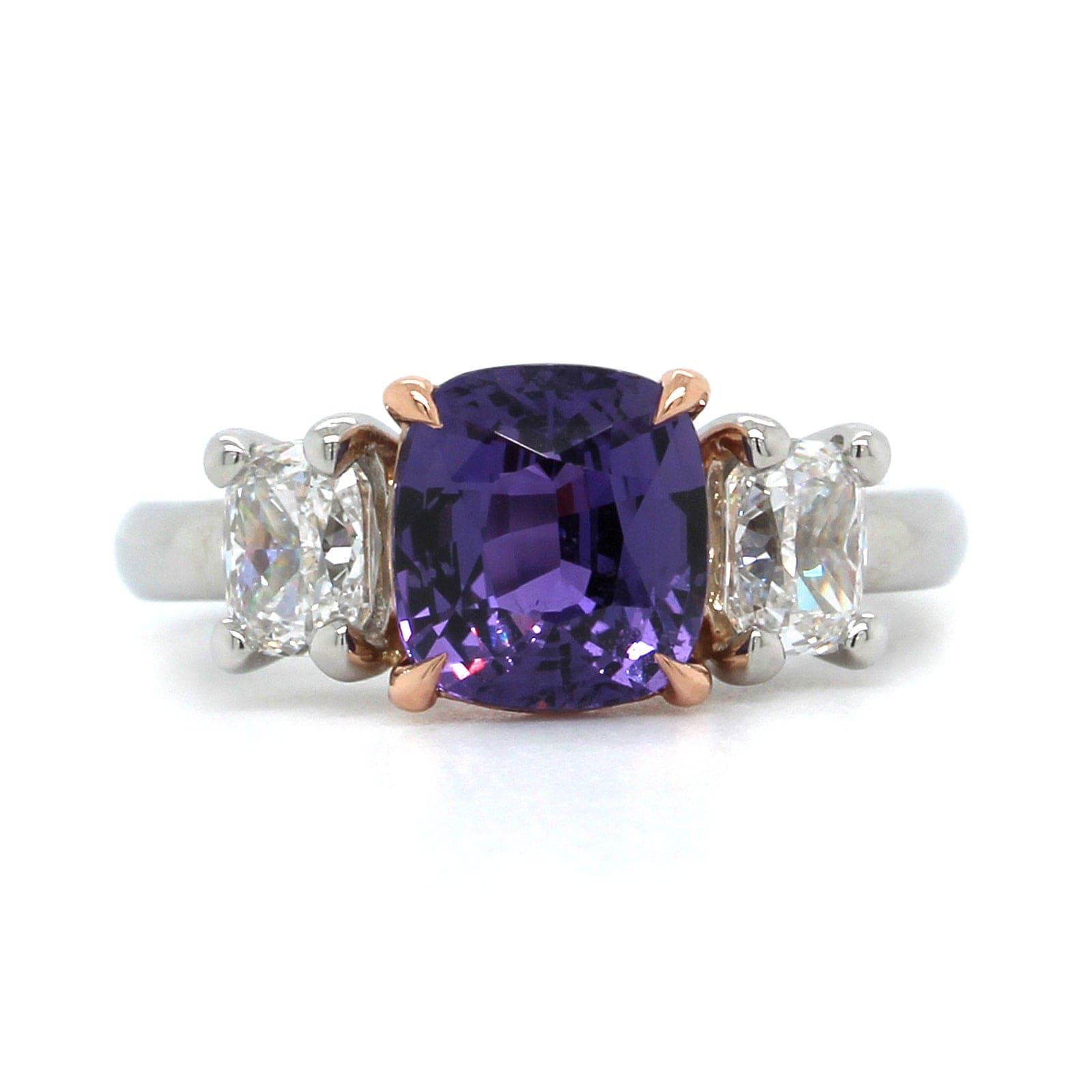 Platinum Cushion Purple Sapphire Diamond 3 Stone Ring, Platinum and 18k rose gold, Long's Jewelers