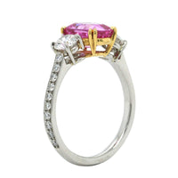 Platinum and 18K Yellow Gold 3 Stone Pink Sapphire Diamond Ring
