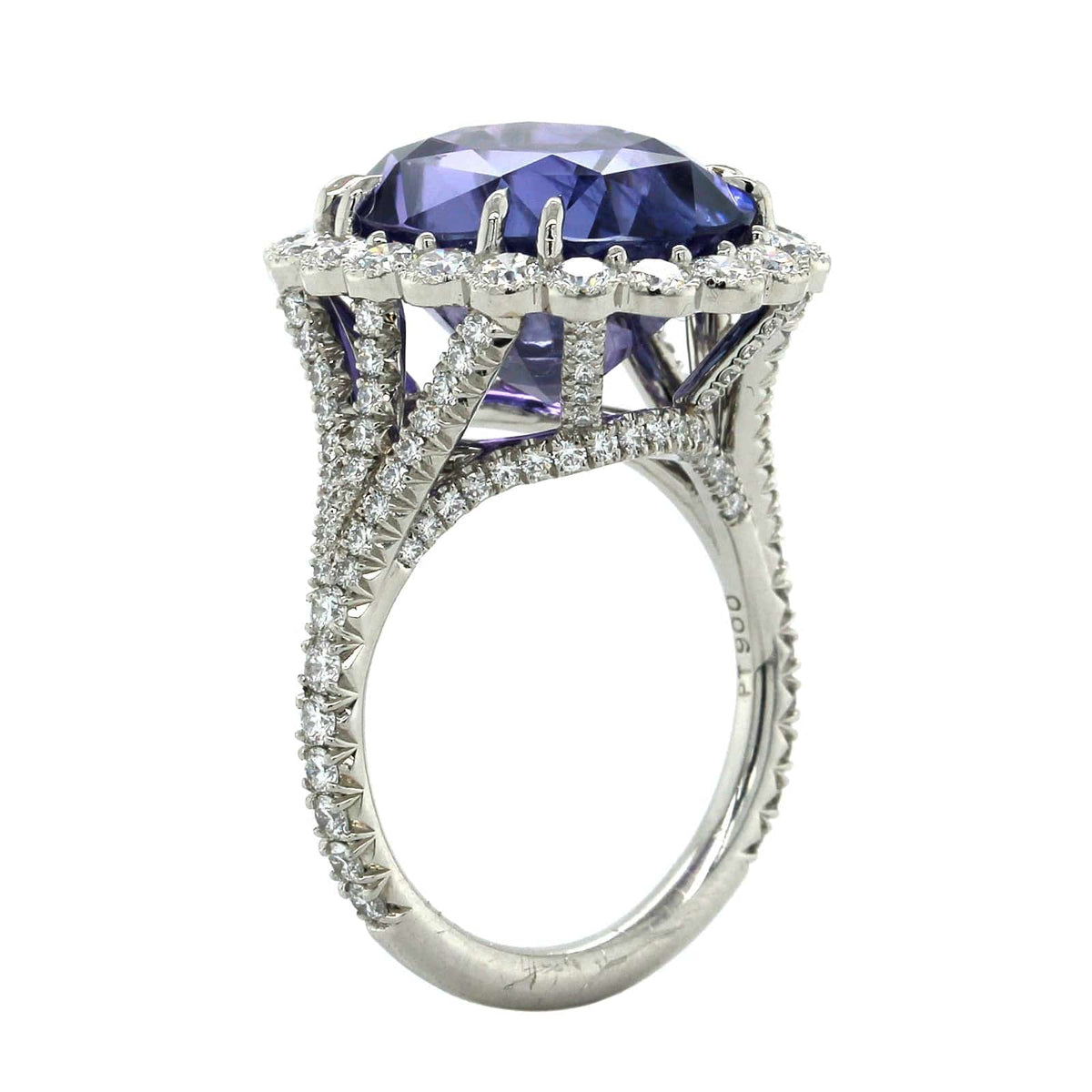 Platinum Oval Purple Sapphire Diamond Halo Ring