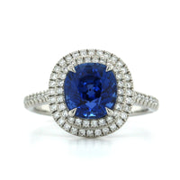 Platinum Cushion Sapphire Double Diamond Halo Ring, Platinum, Long's Jewelers