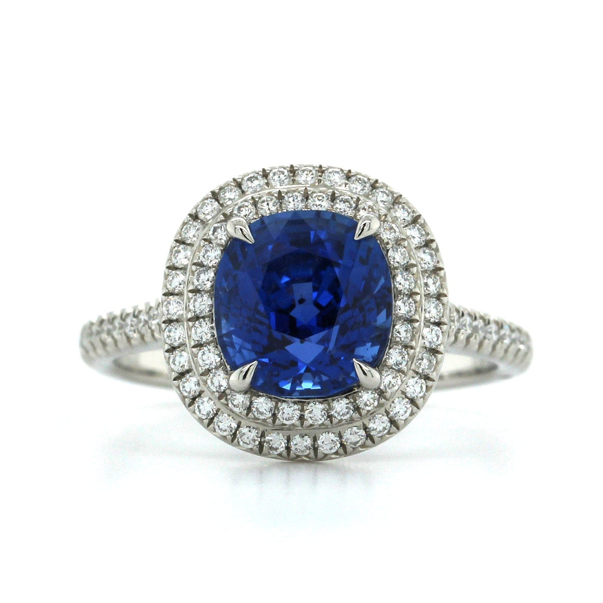 Platinum Cushion Sapphire Double Diamond Halo Ring, Platinum, Long's Jewelers