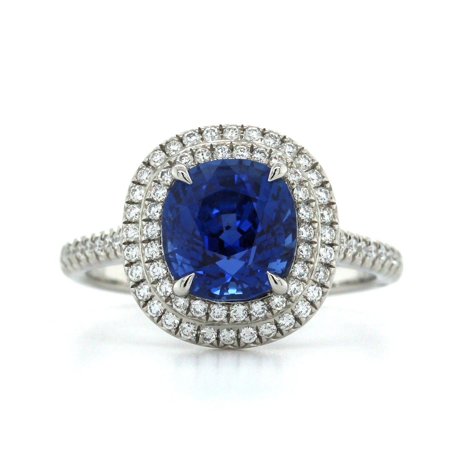 Platinum Cushion Sapphire Double Diamond Halo Ring, Platinum, Long's Jewelers