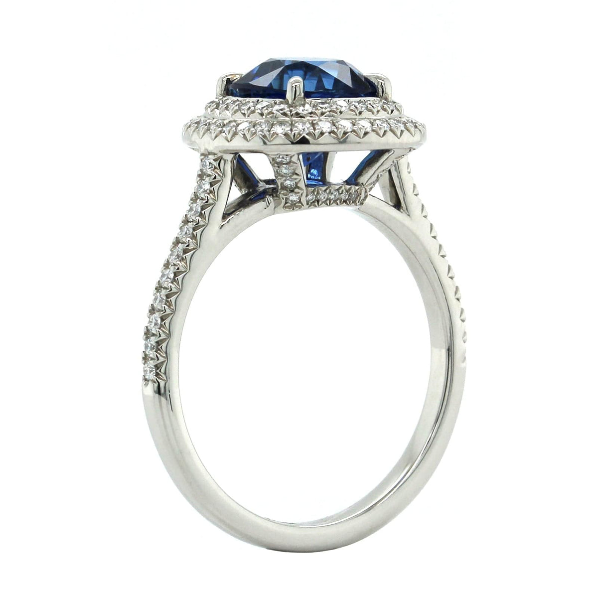 Platinum Cushion Sapphire Double Diamond Halo Ring, Platinum, Long's Jewelers