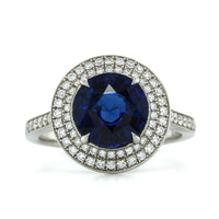 Platinum Round Sapphire Double Diamond Halo Ring, Platinum, Long's Jewelers