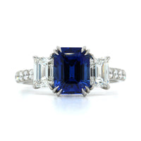 Platinum Emerald Cut Sapphire and Diamond 3 Stone Ring, Platinum Long's Jewelry