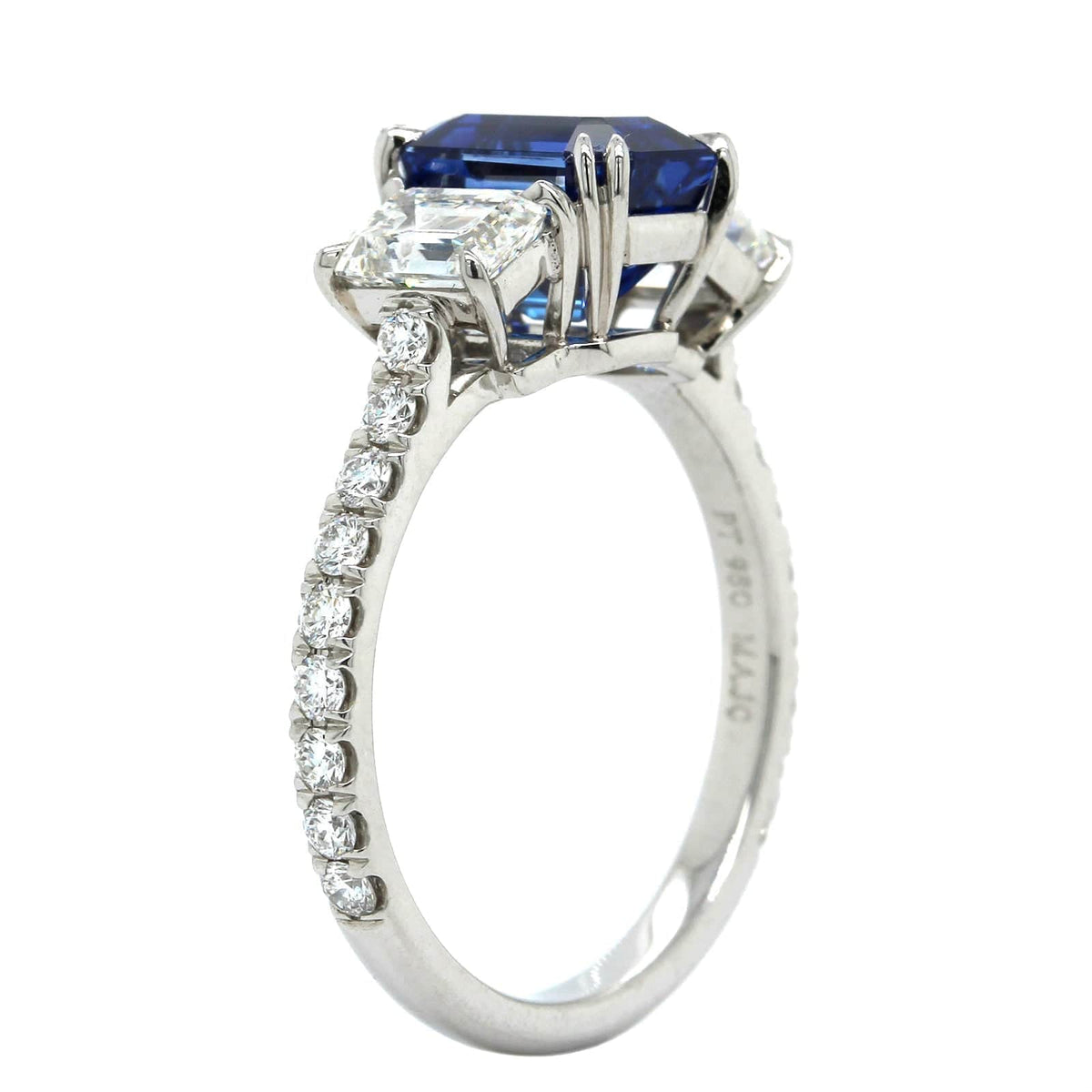 Platinum Emerald Cut Sapphire and Diamond 3 Stone Ring, Platinum Long's Jewelry