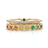 14K Yellow Gold Open 2 Row Rainbow Sapphire Diamond Ring
