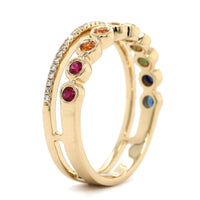 14K Yellow Gold Open 2 Row Rainbow Sapphire Diamond Ring