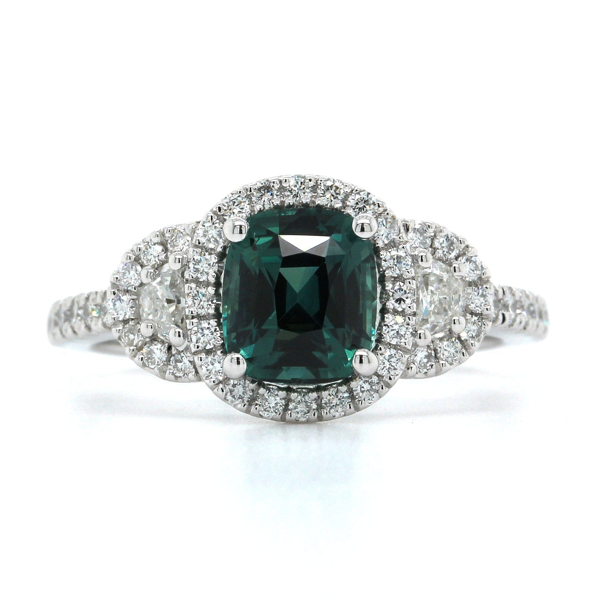 Platinum Cushion Teal Sapphire Diamond Halo Ring, Platinum, Long's Jewelers