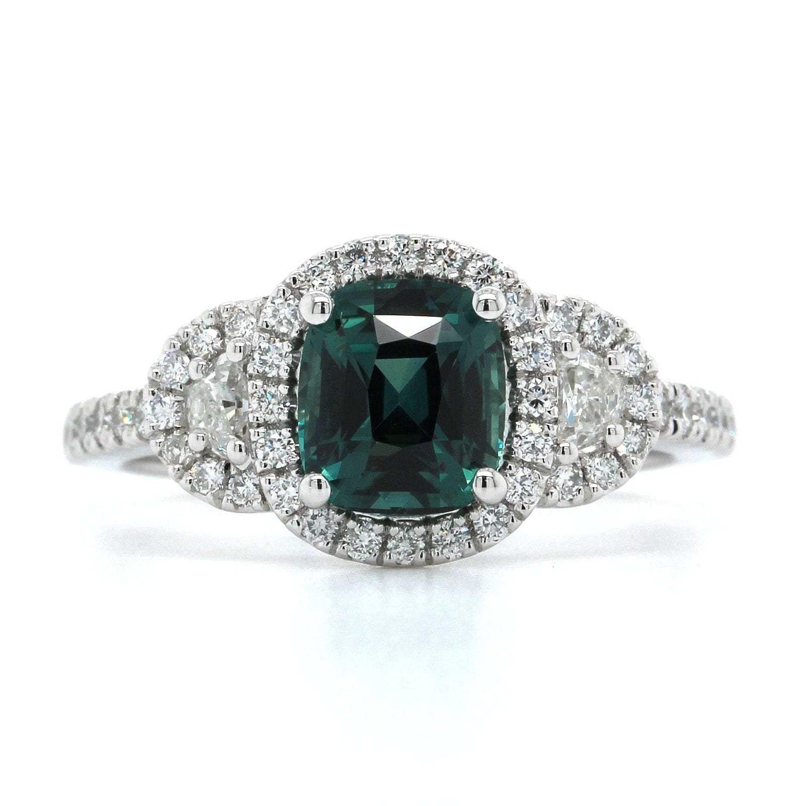 Platinum Cushion Teal Sapphire Diamond Halo Ring, Platinum, Long's Jewelers