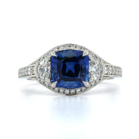 Platinum Cushion Sapphire Diamond 3 Stone Ring