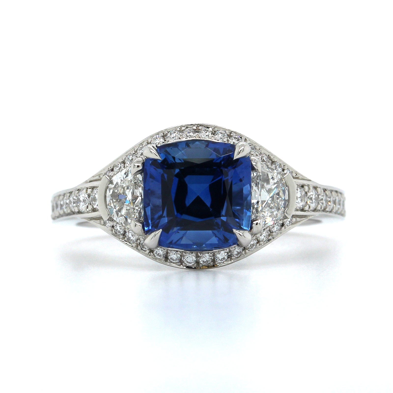 Platinum Cushion Sapphire Diamond 3 Stone Ring