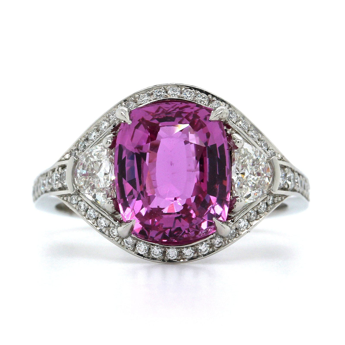 Platinum Cushion Pink Sapphire Diamond 3 Stone Ring