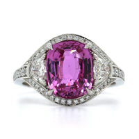 Platinum Cushion Pink Sapphire Diamond 3 Stone Ring