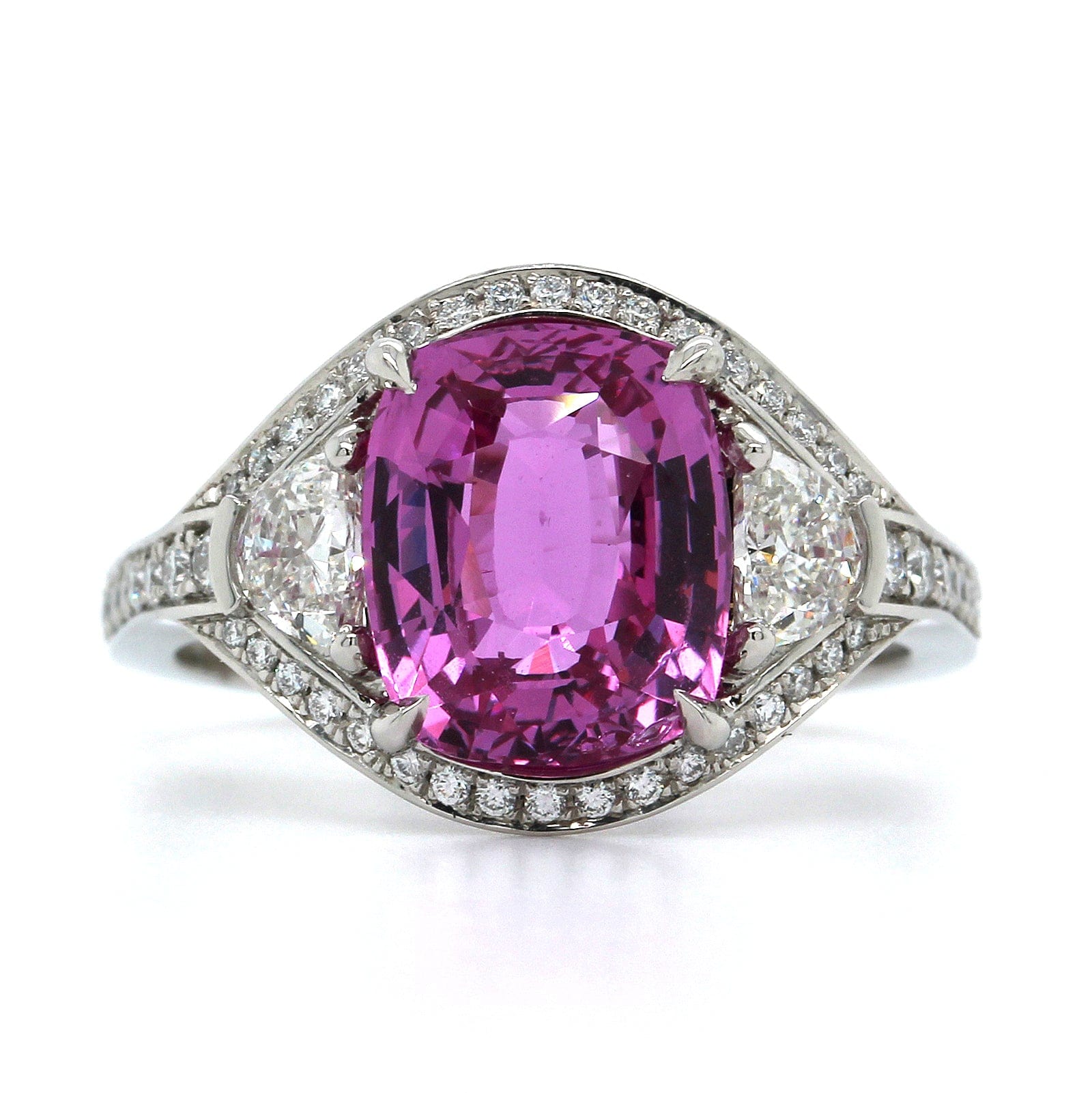 Platinum Cushion Pink Sapphire Diamond 3 Stone Ring