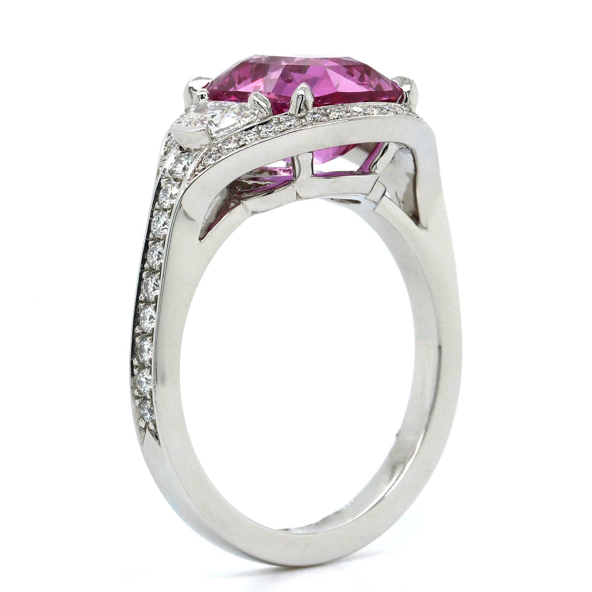 Platinum Cushion Pink Sapphire Diamond 3 Stone Ring