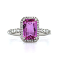 Platinum Emerald Cut Pink Sapphire Diamond Halo Ring, Platinum, Long's Jewelers