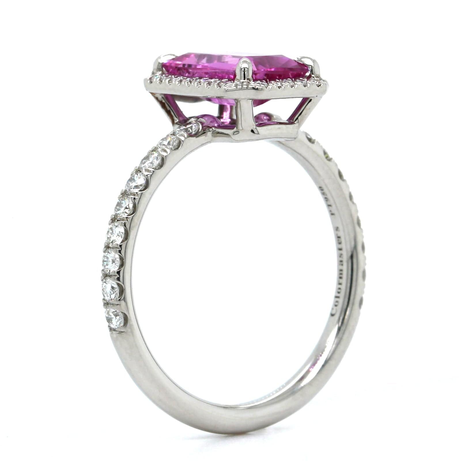 Platinum Emerald Cut Pink Sapphire Diamond Halo Ring