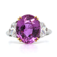 Platinum Oval Pink Sapphire and Diamond 3 Stone Ring, Platinum and 18k yellow gold, Long's Jewelers