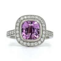 Platinum Cushion Pink Sapphire with Diamond Halo Ring, Long's Jewelers