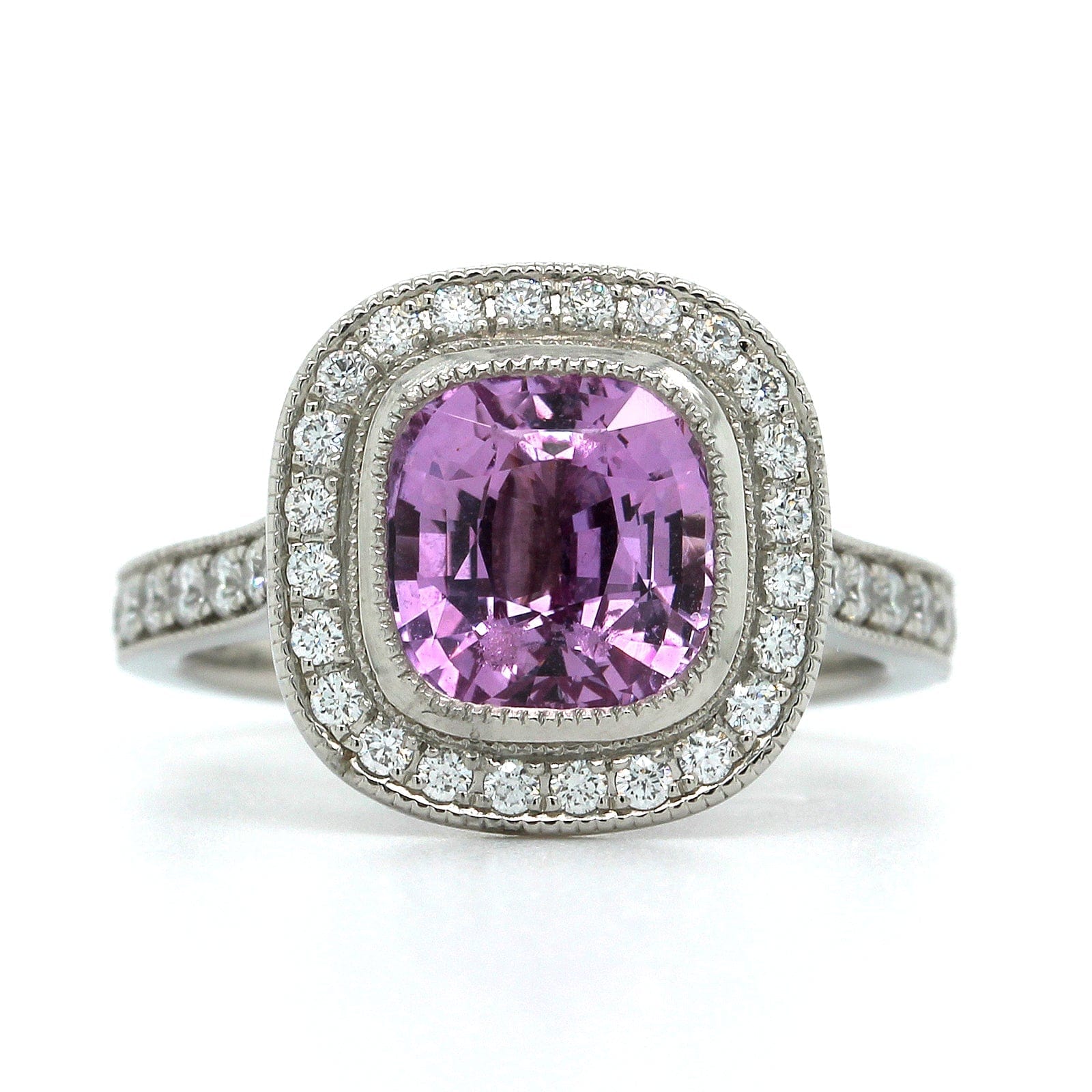 Platinum Cushion Pink Sapphire with Diamond Halo Ring, Long's Jewelers