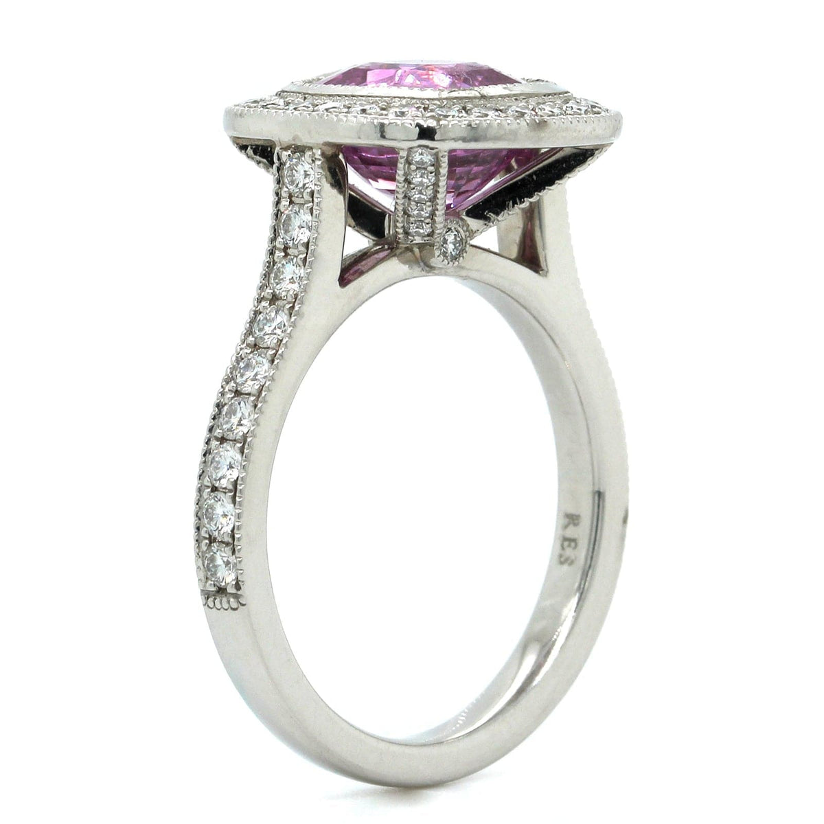 Platinum Cushion Pink Sapphire with Diamond Halo Ring, Long's Jewelers