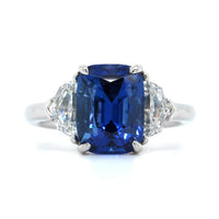 Platinum Cushion Cut Sapphire and Diamond 3 Stone Ring