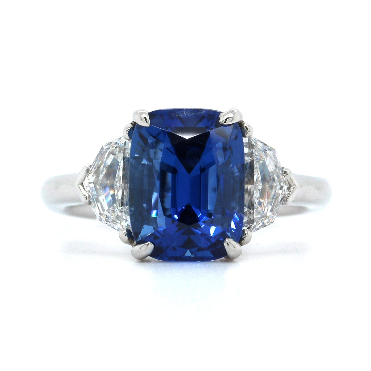 Platinum Cushion Cut Sapphire and Diamond 3 Stone Ring