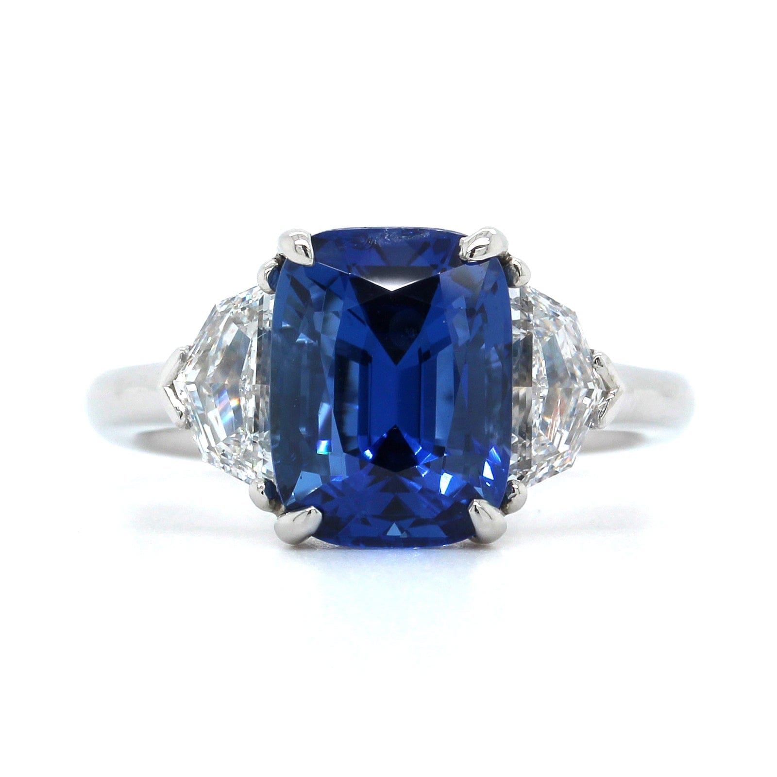 Platinum Cushion Cut Sapphire and Diamond 3 Stone Ring