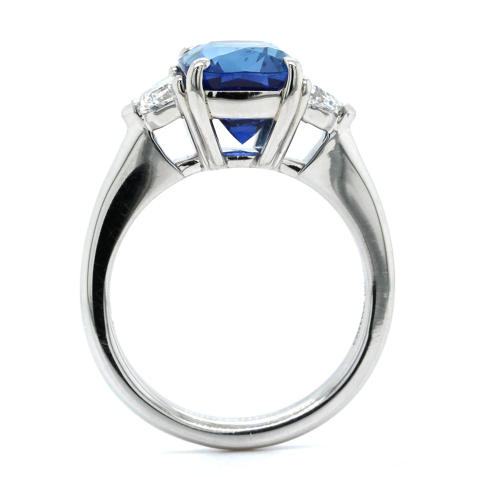 Platinum Cushion Cut Sapphire and Diamond 3 Stone Ring