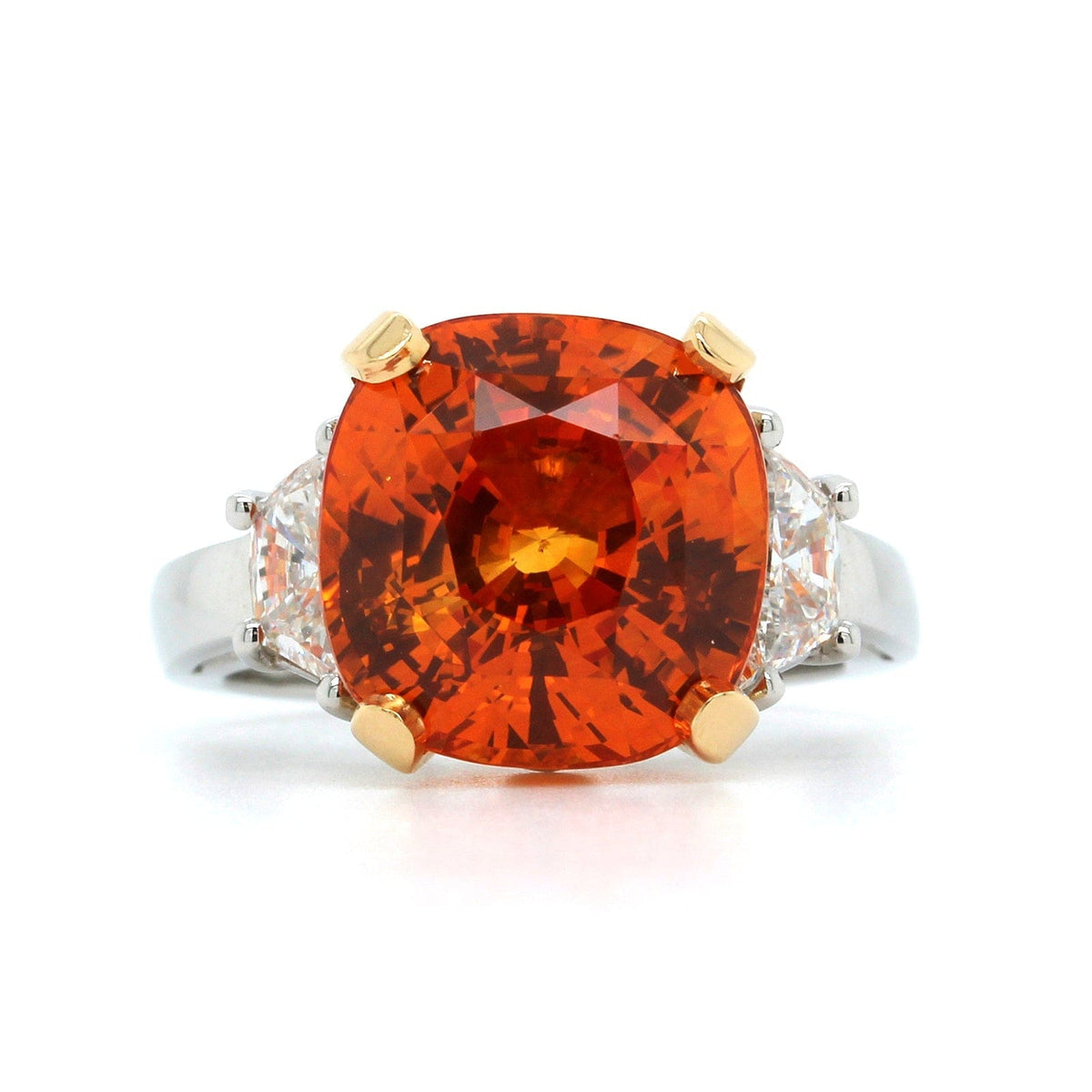 Platinum Orange Sapphire and Diamond 3 Stone Ring