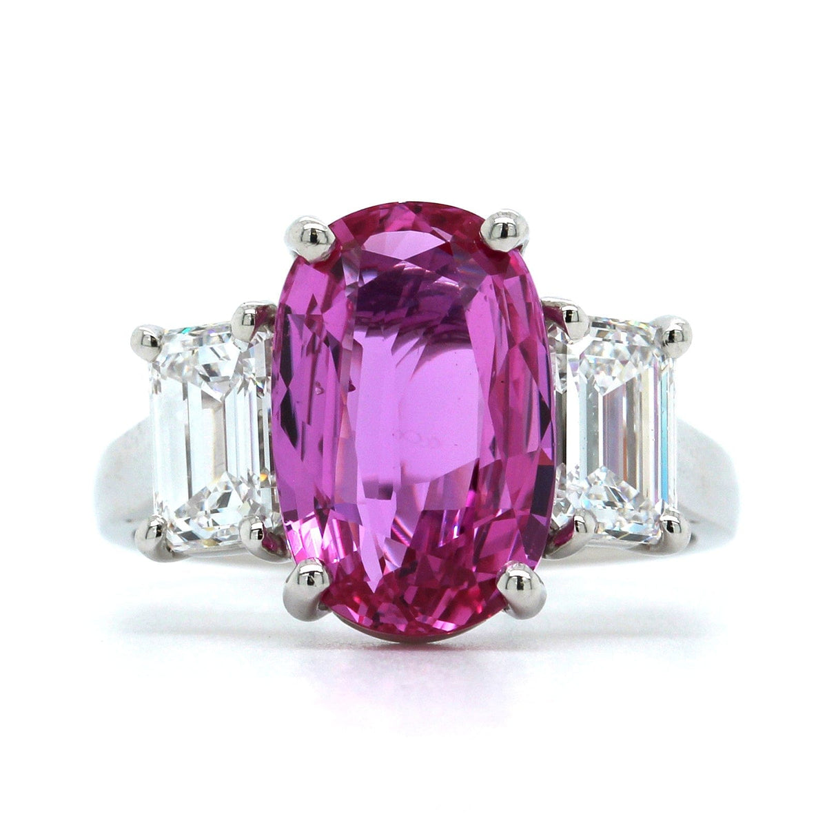 Oscar Heyman Platinum Oval Pink Sapphire and Diamond 3 Stone Ring