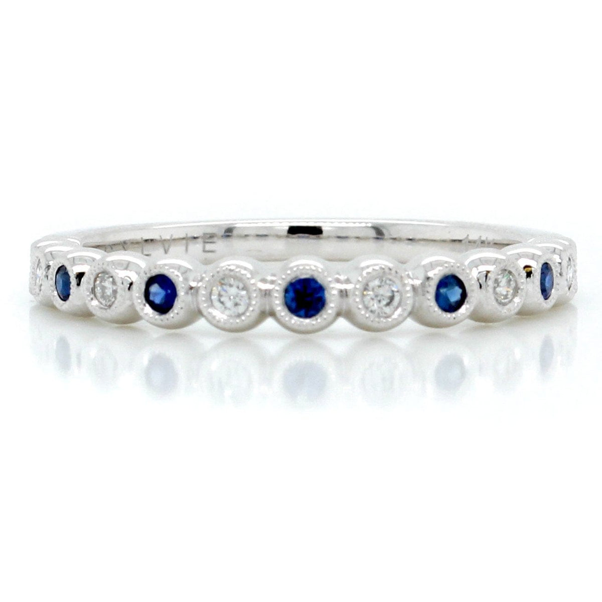 14K White Gold Bezel Set Diamond Sapphire Band