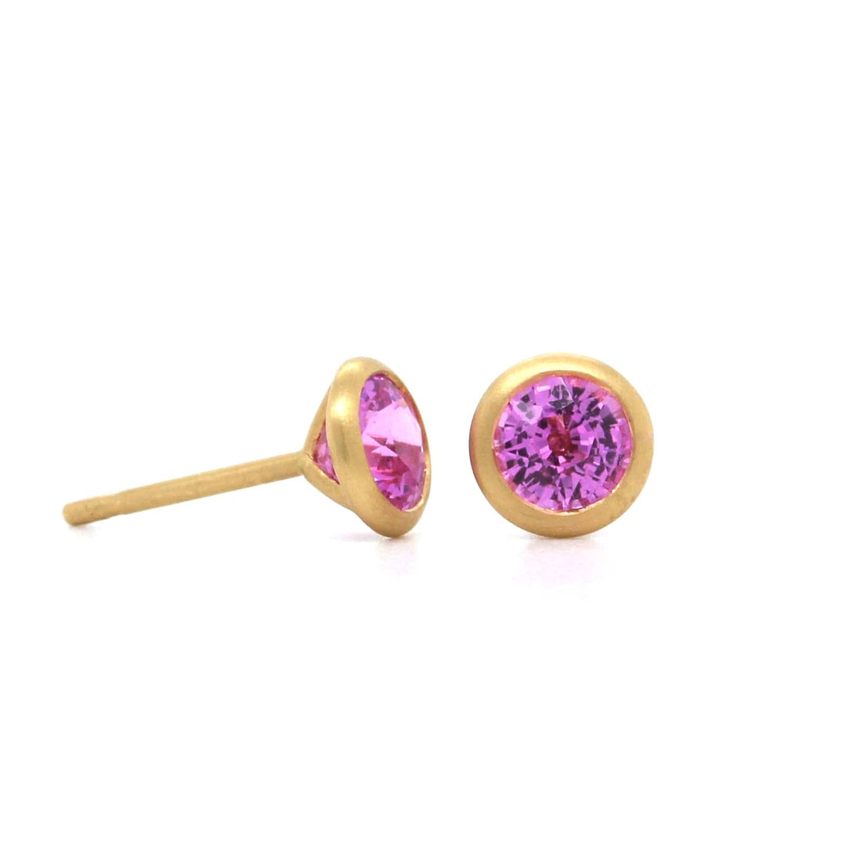 18K Yellow Gold Bezel Set Pink Sapphire Stud Earrings