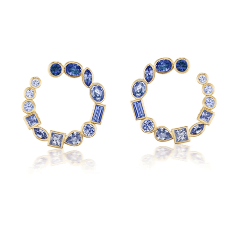 18K Yellow Gold Ombre Sapphire Crescent Hoop Earrings