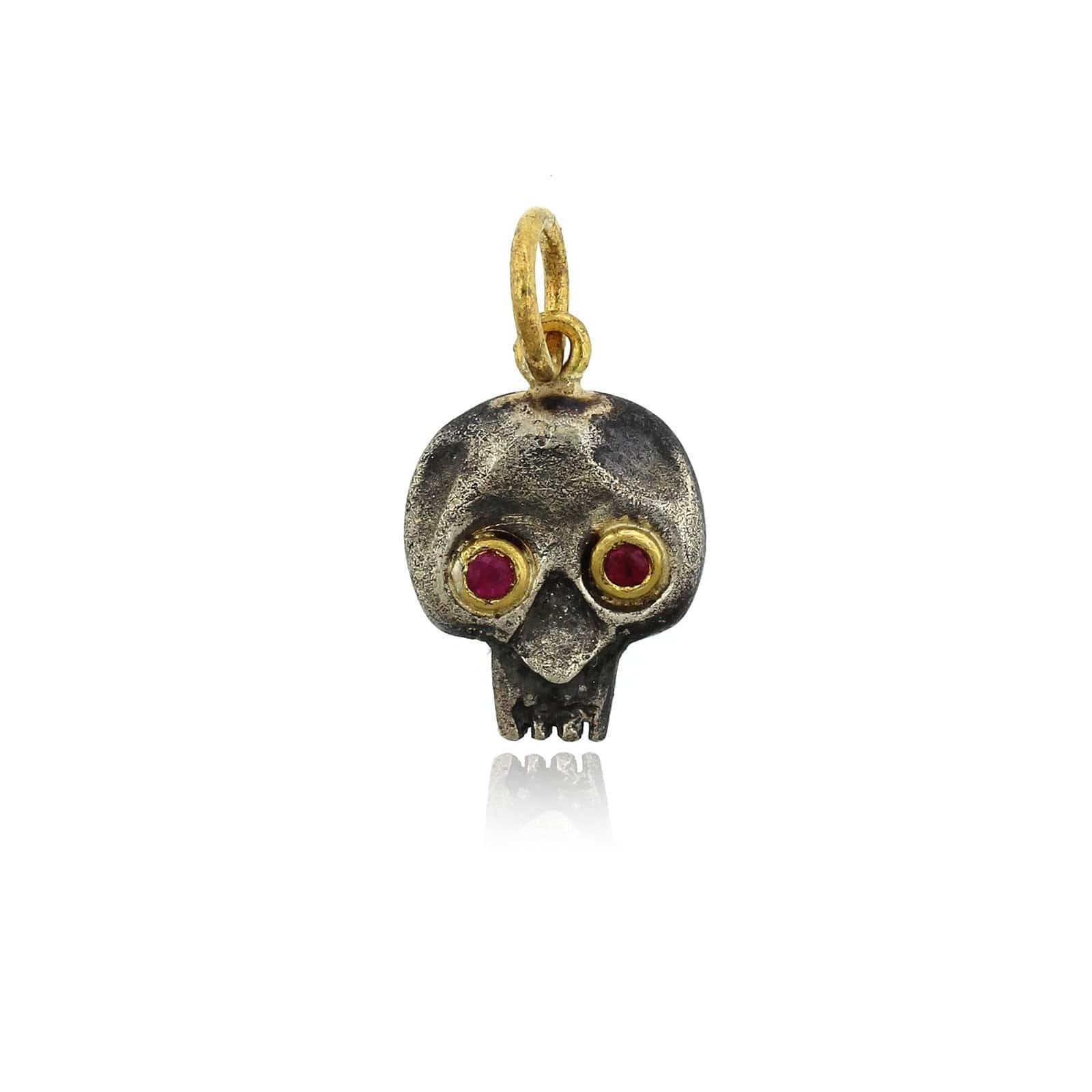 Sterling Silver and 24K Yellow Gold Jawless Skull Ruby Charm