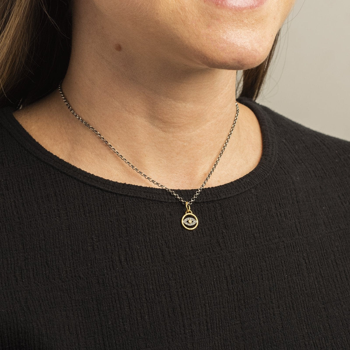 Sterling Silver and 24K Yellow Gold Evil Eye with Diamond Charm