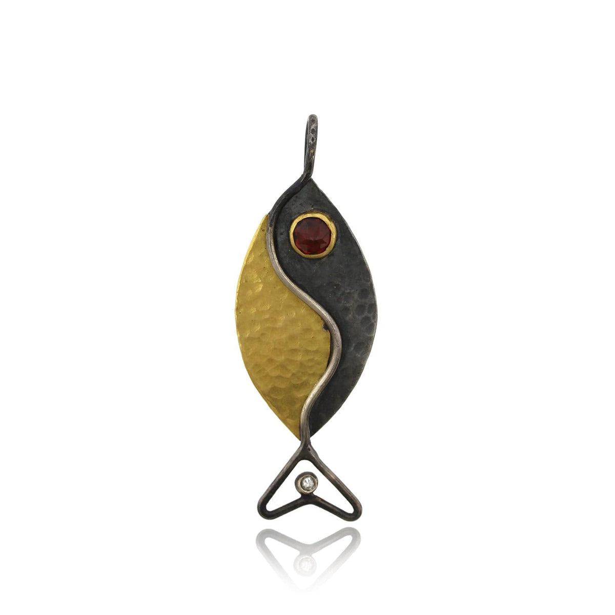 Sterling Silver and 24K Yellow Gold Fish with Garnet Charm