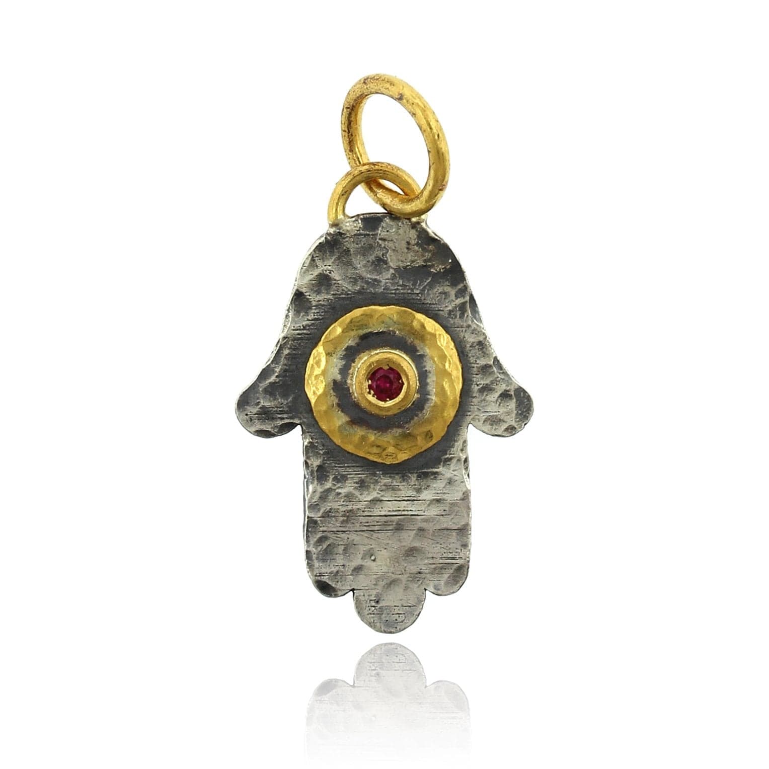 Sterling Silver and 24K Yellow Gold Hamsa with Ruby Charm