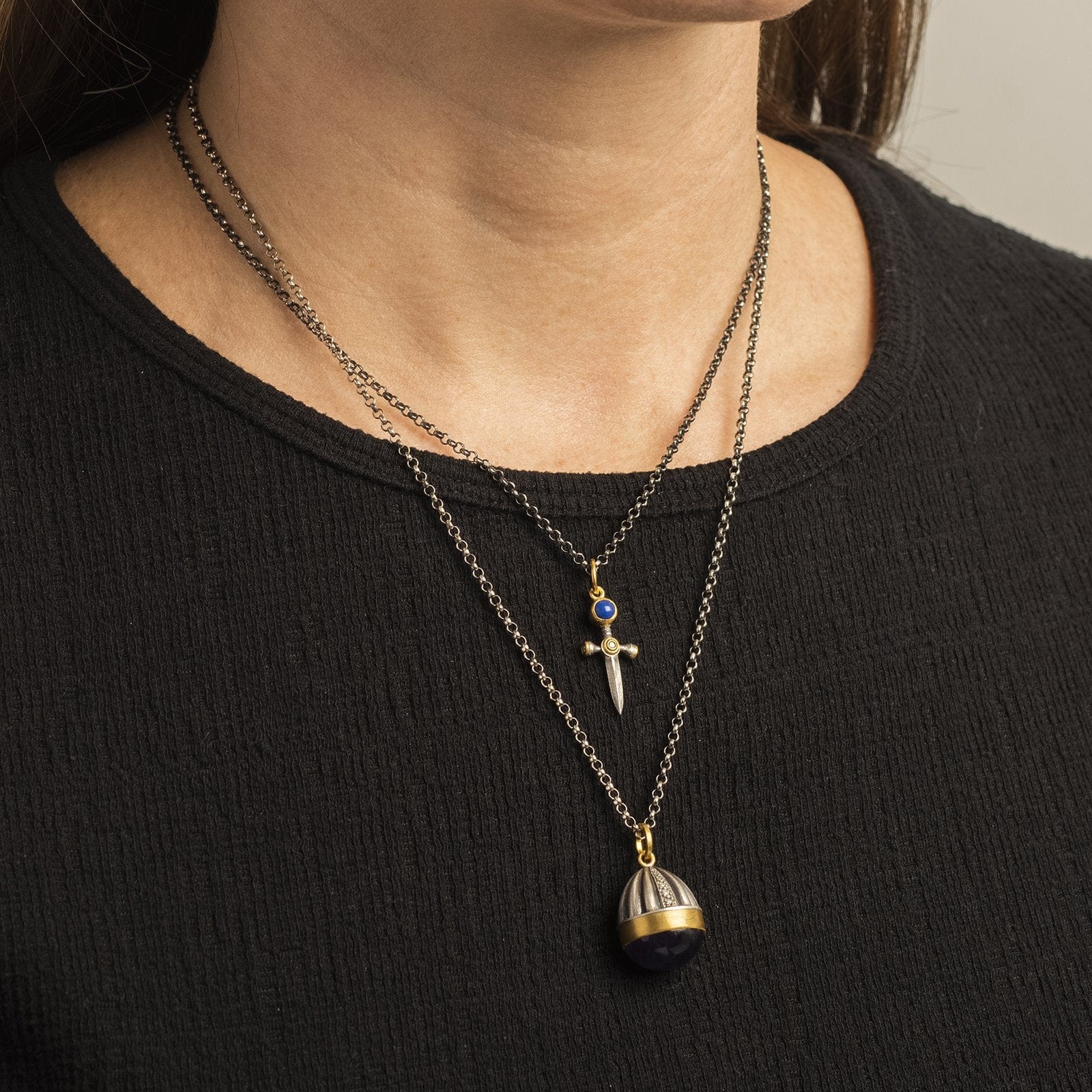 Sterling Silver and 24K Yellow Gold Lapis and Diamond Knife Charm