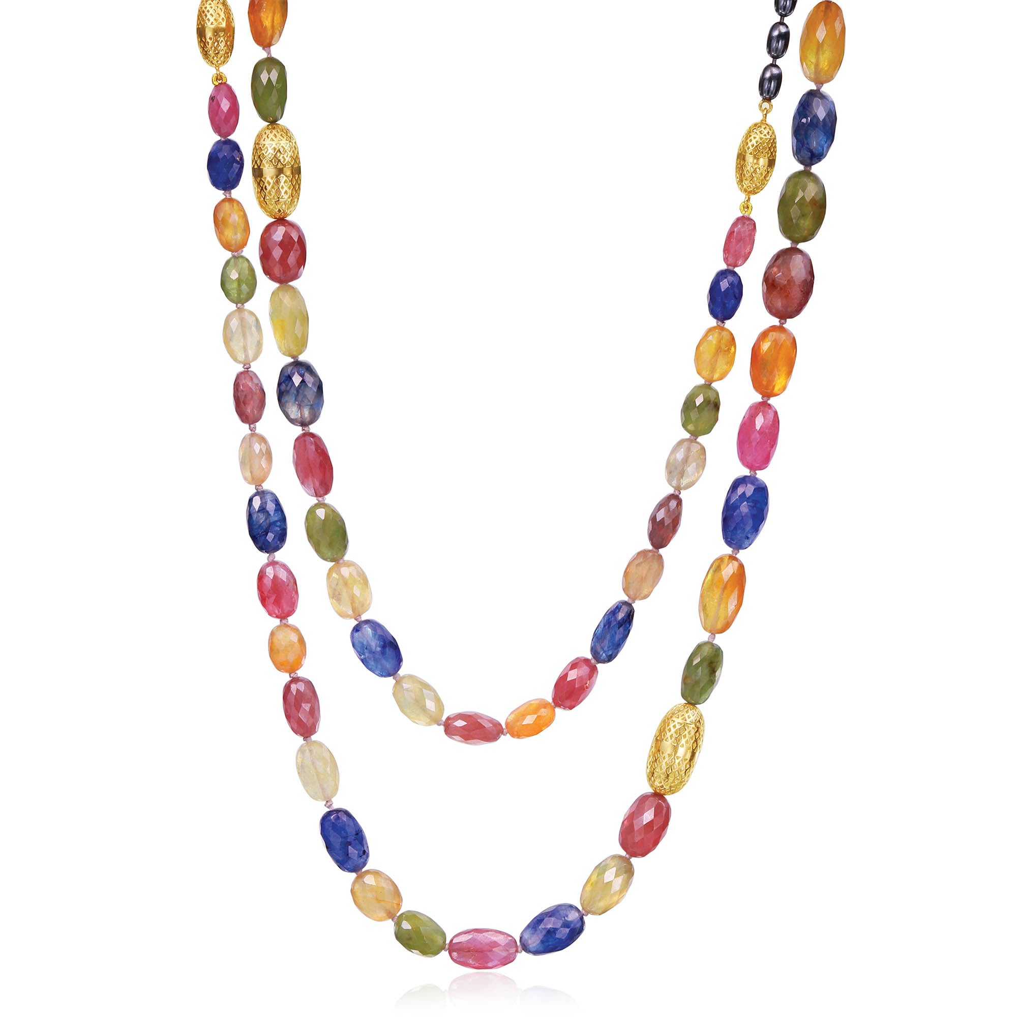 18K Yellow Gold and Sterling Silver Multi-Colored Sapphire Bead Pendant