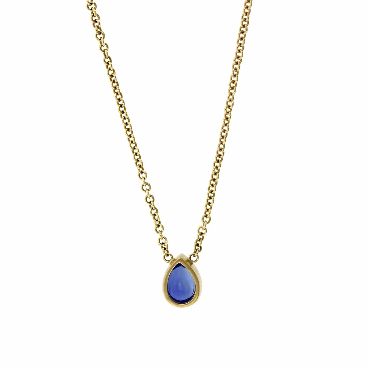 18K Yellow Gold Bezel Set Pear Shaped Blue Sapphire Pendant