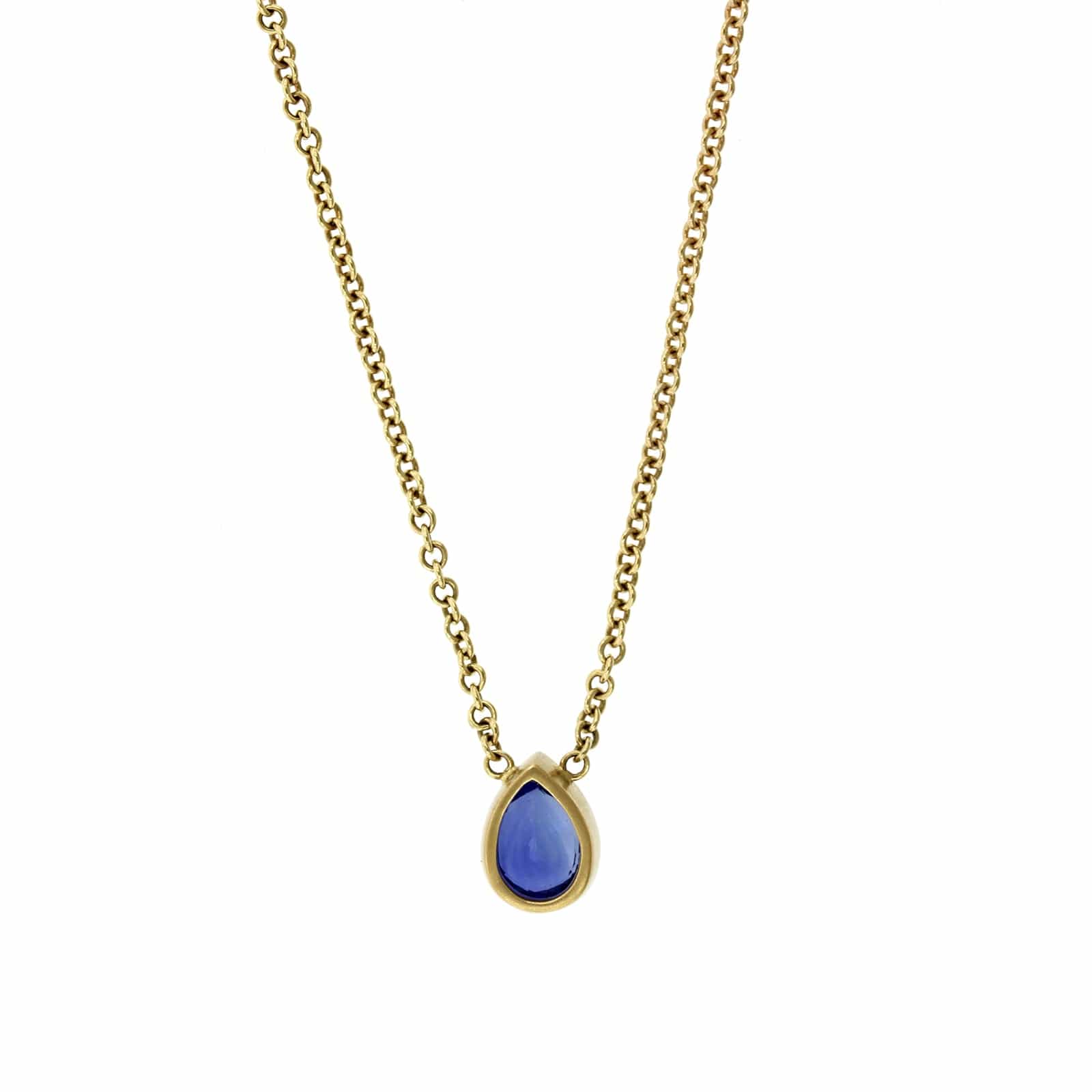 18K Yellow Gold Bezel Set Pear Shaped Blue Sapphire Pendant