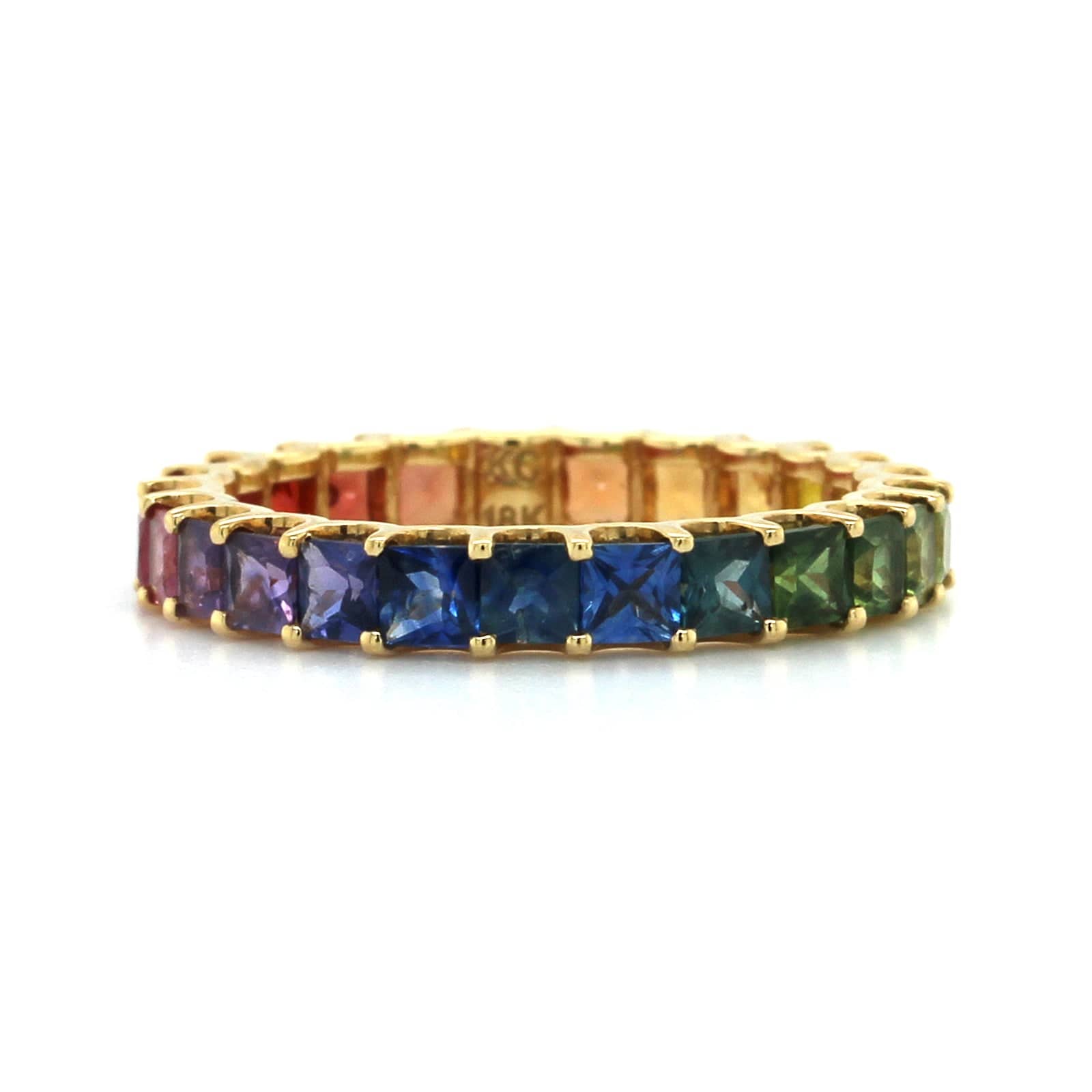 18K Yellow Gold Rainbow Princess Cut Sapphire Ring