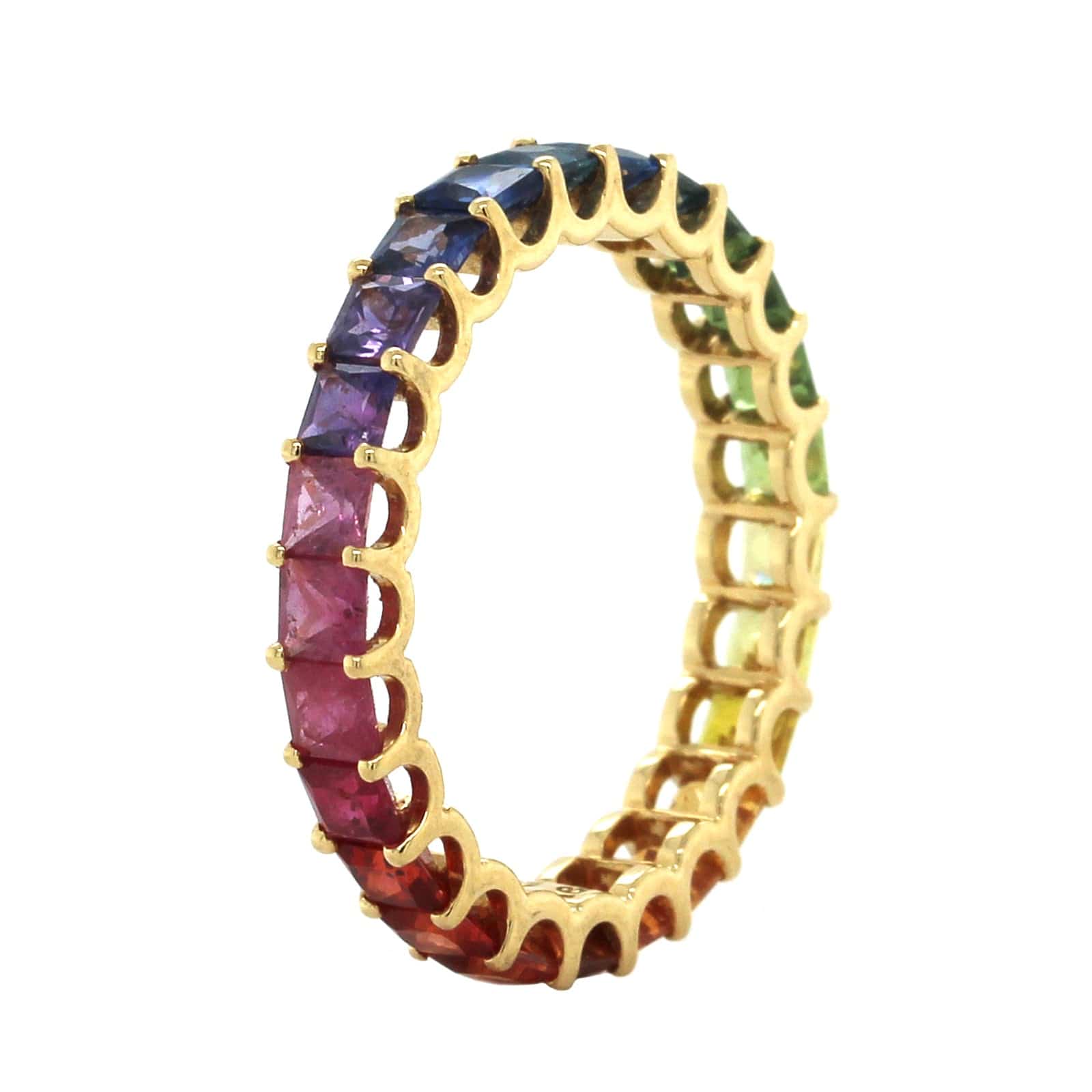 18K Yellow Gold Rainbow Princess Cut Sapphire Ring