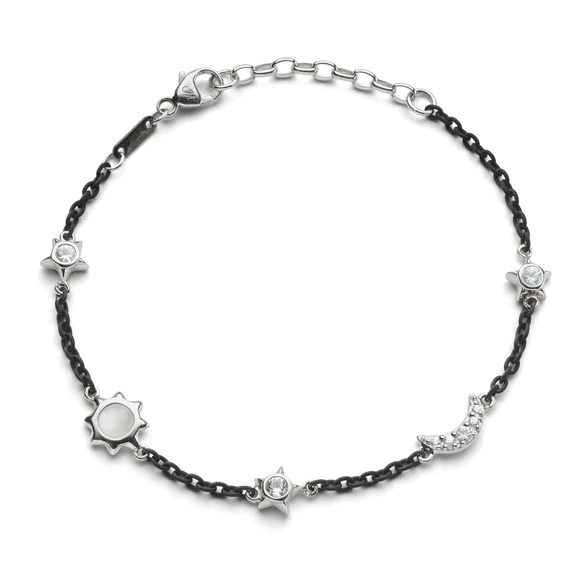 Sterling Silver Black Steel Sun Star Moon Bracelet